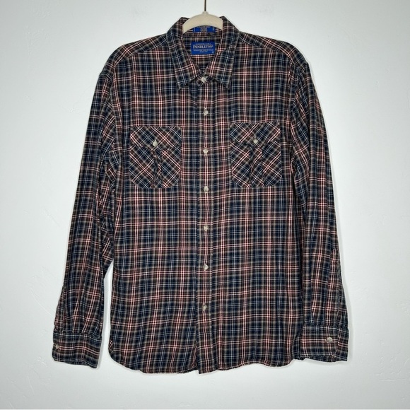 Pendleton Cotton Plaid Button Down Shirt Blue Tan Red Size Large - Picture 1 of 11